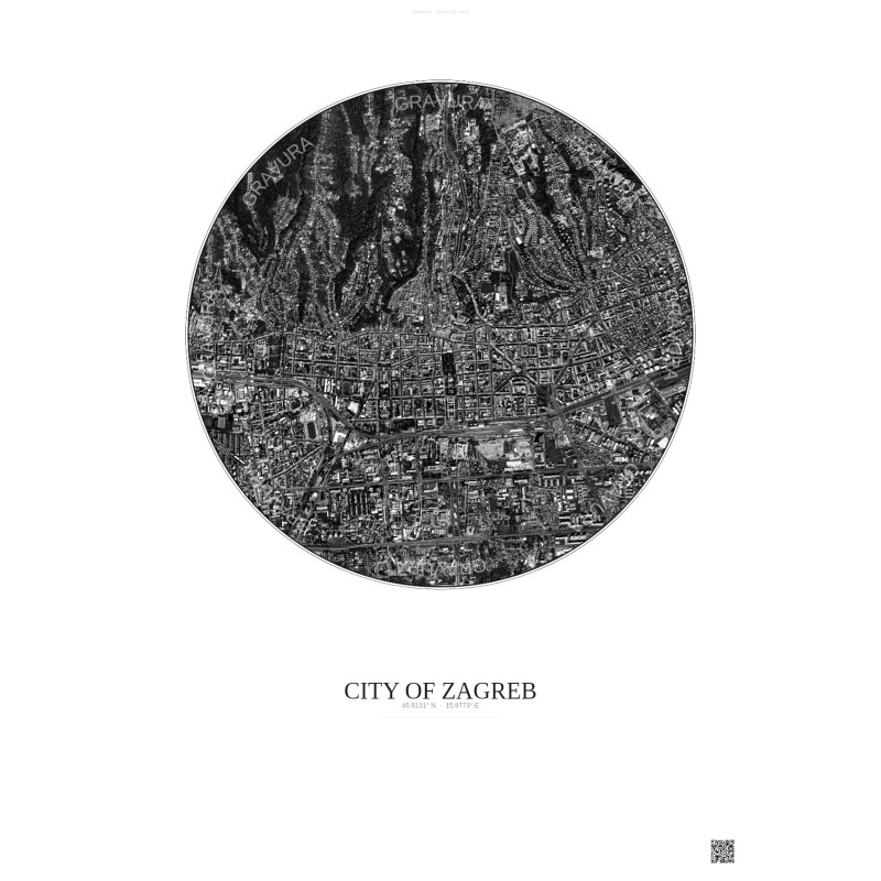 Affiche City Of Zagreb – Poster vue satellite 2.5km N&B | Gravura – Fond clair