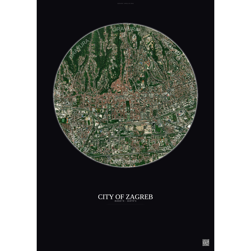 Affiche City Of Zagreb – Poster vue satellite 2.5km Couleur | Gravura – Fond foncé