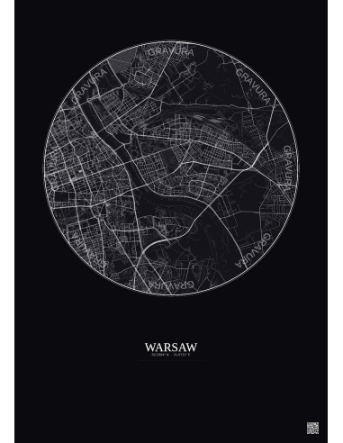 Affiche Warsaw – Poster carte de ville 6km | Gravura – Fond foncé