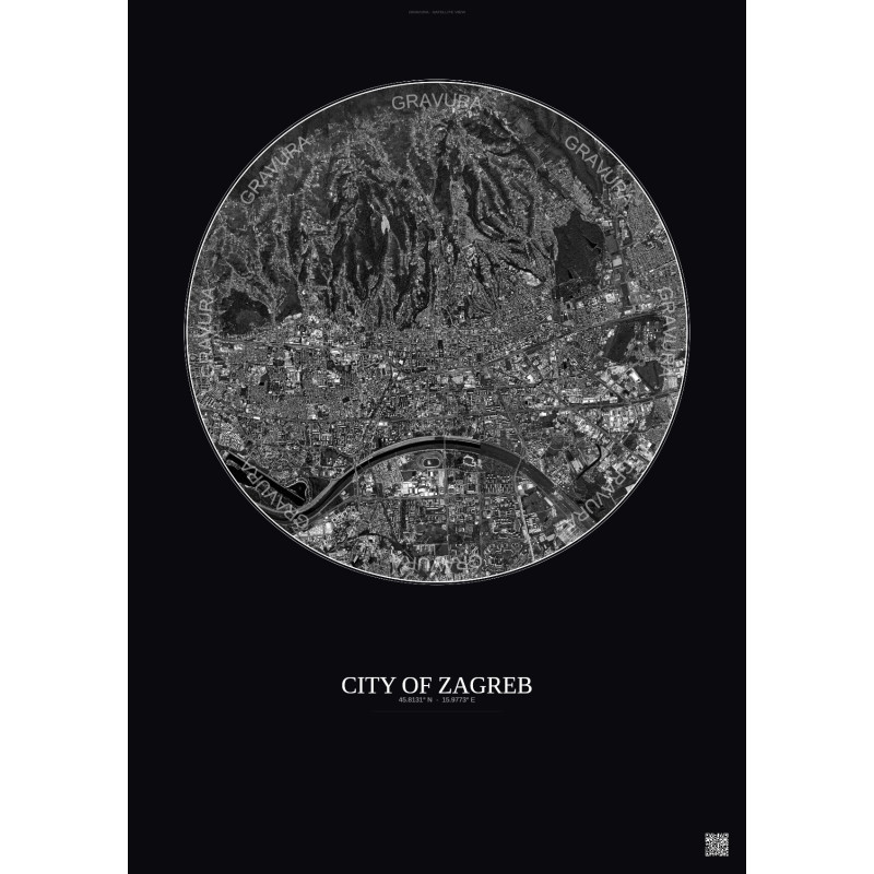 Affiche City Of Zagreb – Poster vue satellite 6km N&B | Gravura – Fond foncé