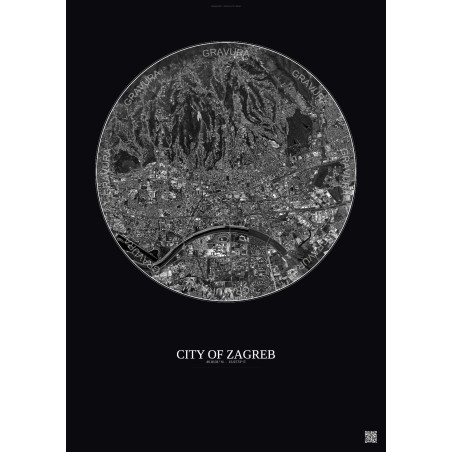 Affiche City Of Zagreb – Poster vue satellite 6km N&B | Gravura – Fond foncé