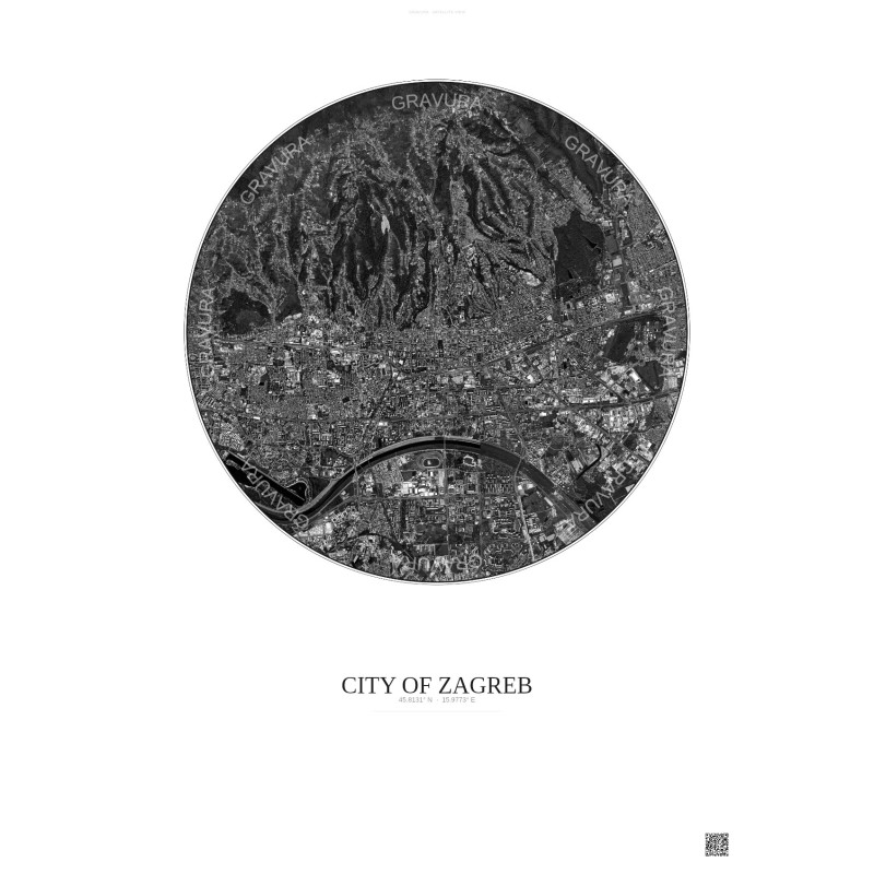 Affiche City Of Zagreb – Poster vue satellite 6km N&B | Gravura – Fond clair