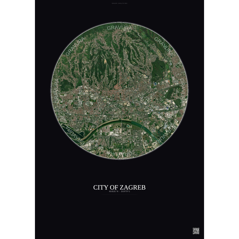 Affiche City Of Zagreb – Poster vue satellite 6km Couleur | Gravura – Fond foncé