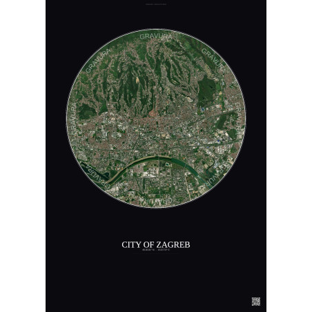 Affiche City Of Zagreb – Poster vue satellite 6km Couleur | Gravura – Fond foncé