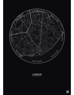 Affiche Lisbon – Poster carte de ville 2.5km | Gravura – Fond foncé 2