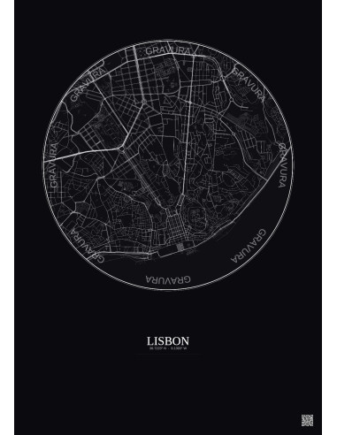 Affiche Lisbon – Poster carte de ville 2.5km | Gravura – Fond foncé