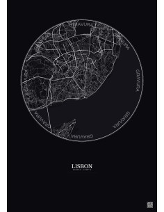 Affiche Lisbon – Poster carte de ville 6km | Gravura – Fond foncé 2