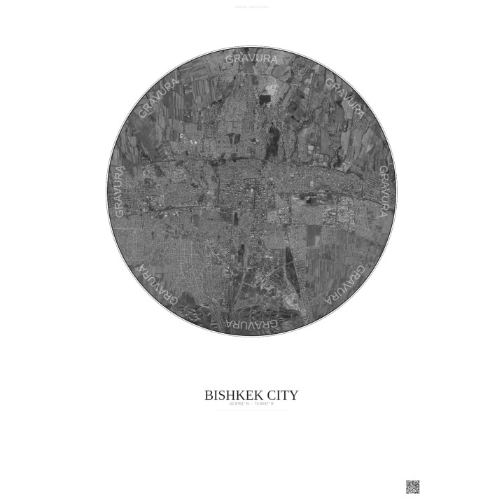 Affiche Bishkek City – Poster vue satellite 10km N&B | Gravura – Fond clair