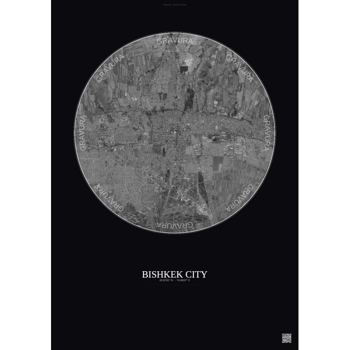 Affiche Bishkek City – Poster vue satellite 10km N&B | Gravura – Fond foncé