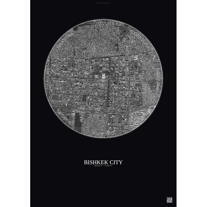 Affiche Bishkek City – Poster vue satellite 2.5km N&B | Gravura – Fond foncé