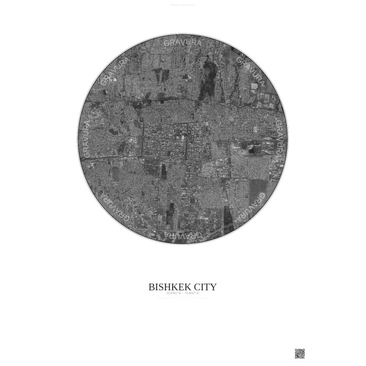 Affiche Bishkek City – Poster vue satellite 6km N&B | Gravura – Fond clair