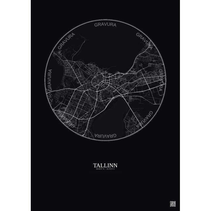 Affiche Tallinn – Poster carte de ville 6km | Gravura – Fond foncé