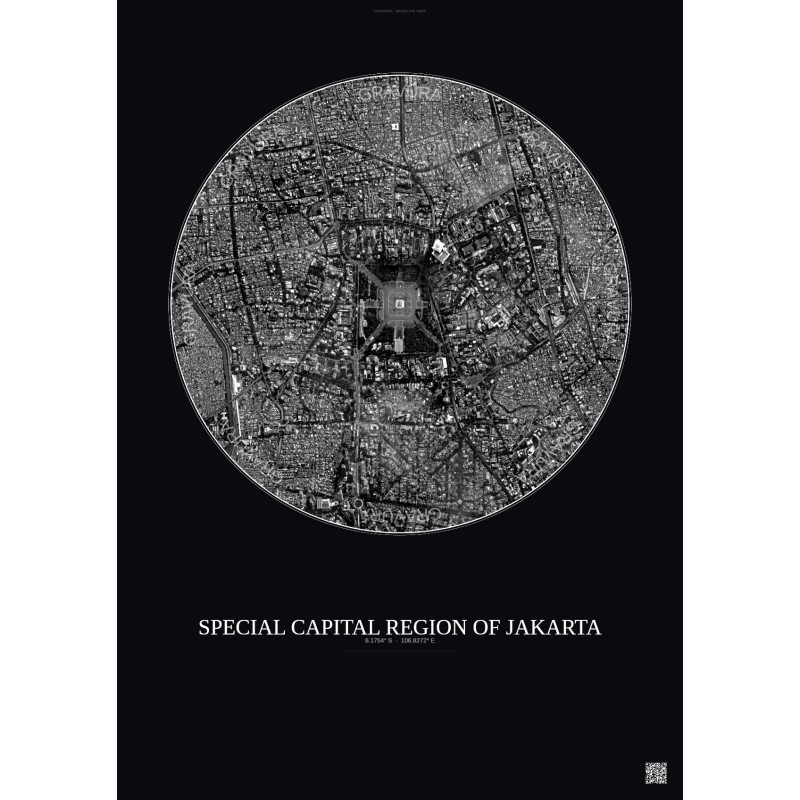 Affiche Special Capital Region Of Jakarta – Poster vue satellite 2.5km N&B | Gravura – Fond foncé