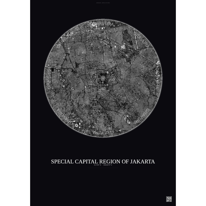 Affiche Special Capital Region Of Jakarta – Poster vue satellite 6km N&B | Gravura – Fond foncé