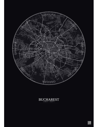 Bucharest City Map Poster 10km | Gravura – Dark background