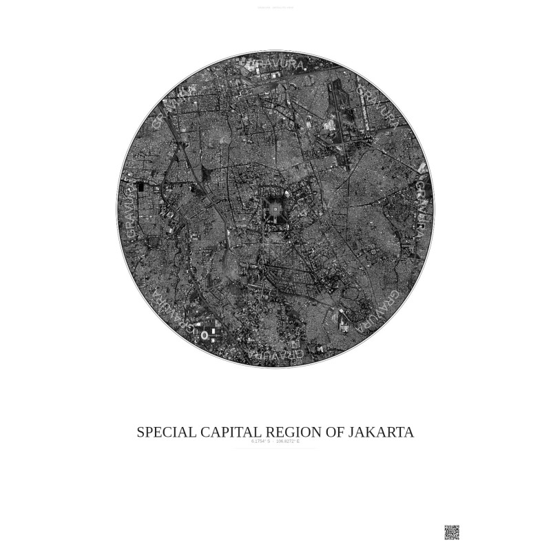 Affiche Special Capital Region Of Jakarta – Poster vue satellite 6km N&B | Gravura – Fond clair