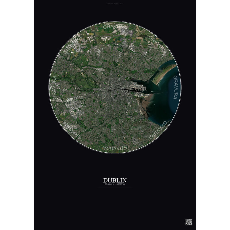 Affiche Dublin – Poster vue satellite 10km Couleur | Gravura – Fond foncé