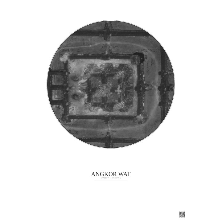 Affiche Angkor Wat – Poster vue satellite 0.1km N&B | Gravura – Fond clair