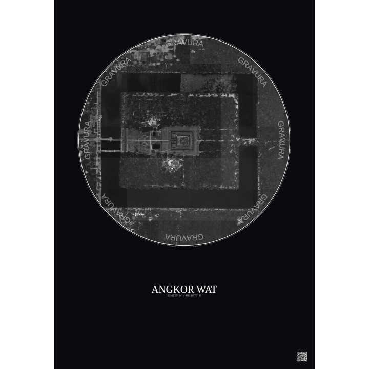 Affiche Angkor Wat – Poster vue satellite 1km N&B | Gravura – Fond foncé