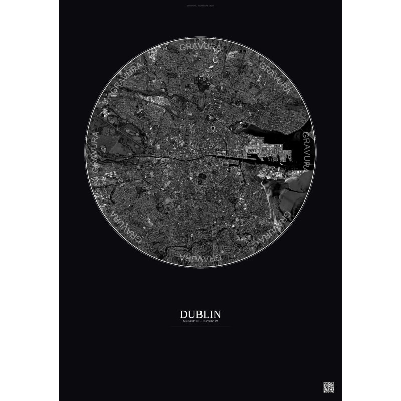 Affiche Dublin – Poster vue satellite 6km N&B | Gravura – Fond foncé