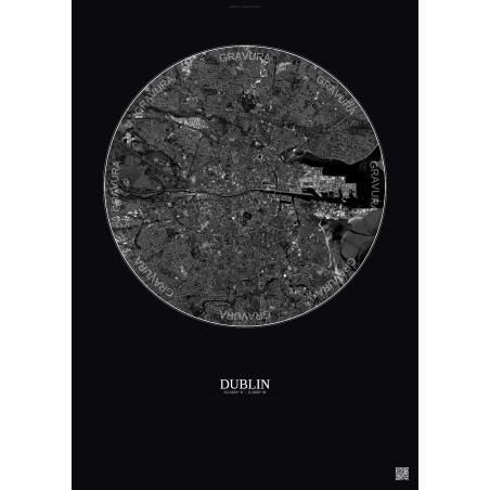 Affiche Dublin – Poster vue satellite 6km N&B | Gravura – Fond foncé
