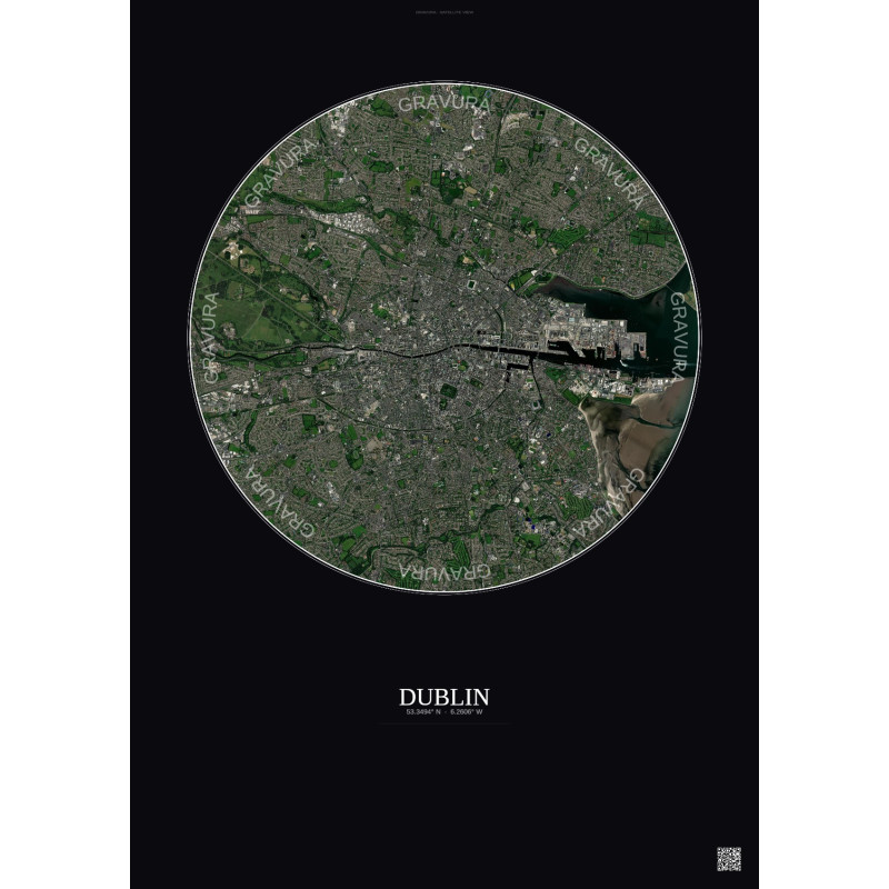 Affiche Dublin – Poster vue satellite 6km Couleur | Gravura – Fond foncé
