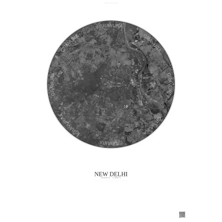Affiche New Delhi – Poster vue satellite 10km N&B | Gravura – Fond clair