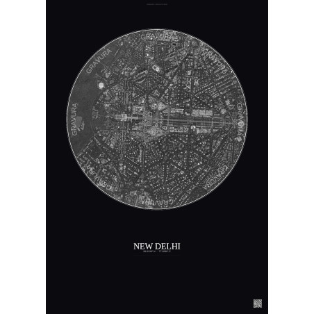 Affiche New Delhi – Poster vue satellite 2.5km N&B | Gravura – Fond foncé