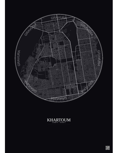 Affiche Khartoum – Poster carte de ville 6km | Gravura – Fond foncé