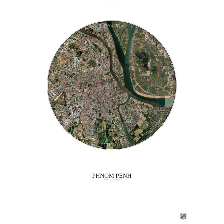 Affiche Phnom Penh – Poster vue satellite 10km Couleur | Gravura – Fond clair