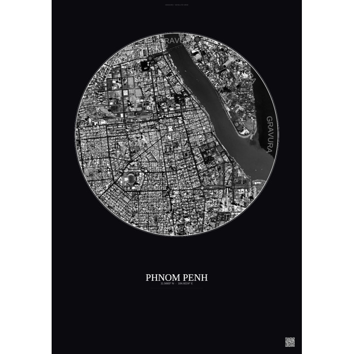 Affiche Phnom Penh – Poster vue satellite 2.5km N&B | Gravura – Fond foncé