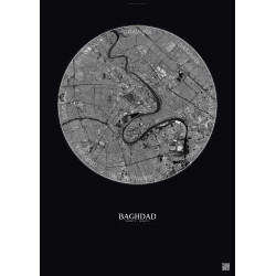 Affiche Baghdad – Poster vue satellite 10km N&B | Gravura – Fond foncé