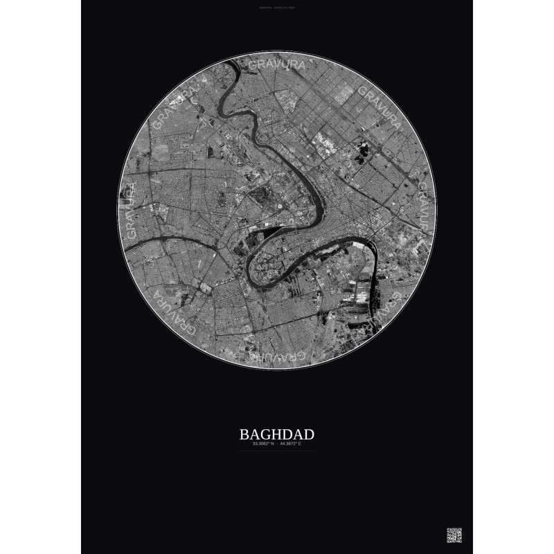 Affiche Baghdad – Poster vue satellite 10km N&B | Gravura – Fond foncé