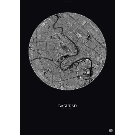 Affiche Baghdad – Poster vue satellite 10km N&B | Gravura – Fond foncé