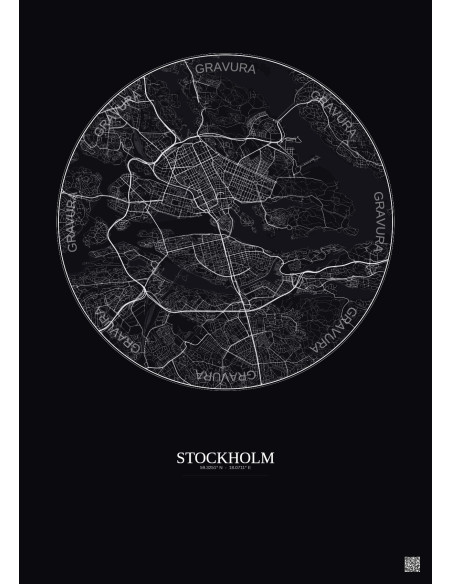 Affiche Stockholm – Poster carte de ville 6km | Gravura – Fond foncé