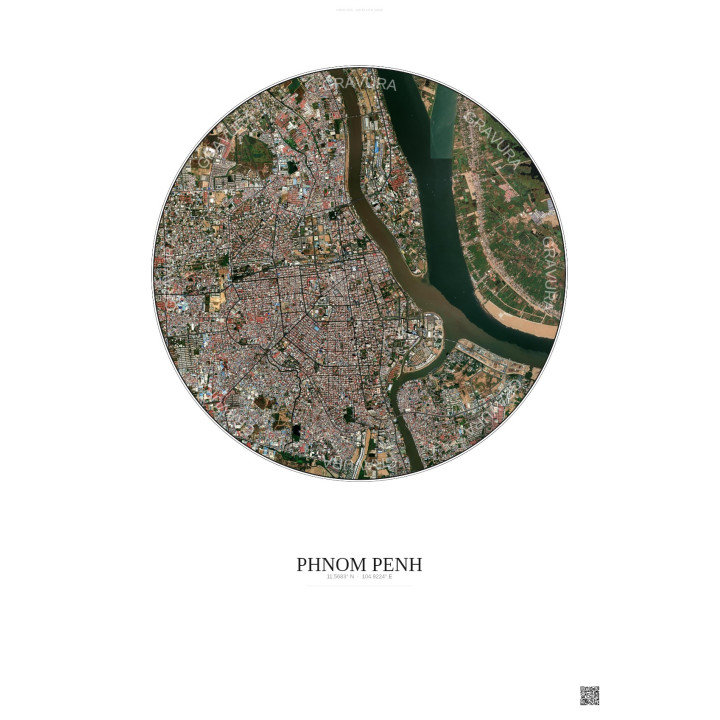 Affiche Phnom Penh – Poster vue satellite 6km Couleur | Gravura – Fond clair