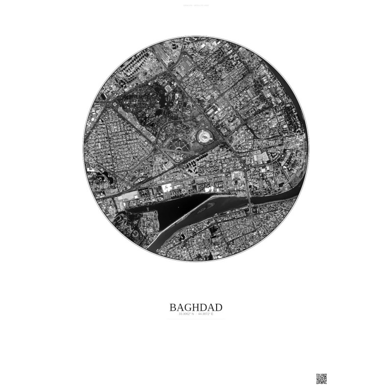 Affiche Baghdad – Poster vue satellite 2.5km N&B | Gravura – Fond clair