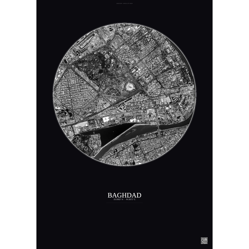 Affiche Baghdad – Poster vue satellite 2.5km N&B | Gravura – Fond foncé