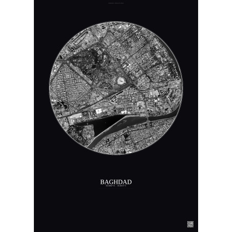 Affiche Baghdad – Poster vue satellite 2.5km N&B | Gravura – Fond foncé