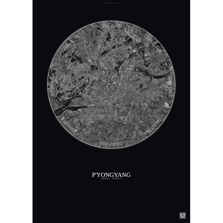 Affiche P Yongyang – Poster vue satellite 10km N&B | Gravura – Fond foncé