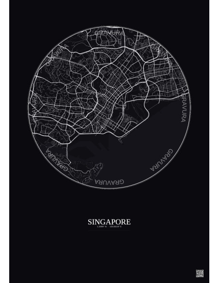 Affiche Singapore – Poster carte de ville 6km | Gravura – Fond foncé