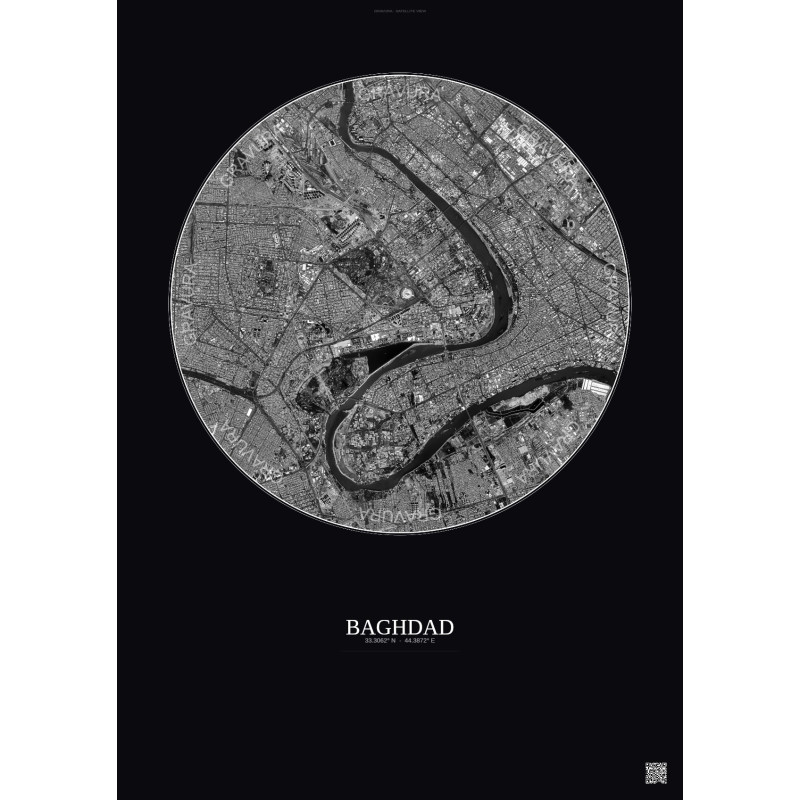 Affiche Baghdad – Poster vue satellite 6km N&B | Gravura – Fond foncé