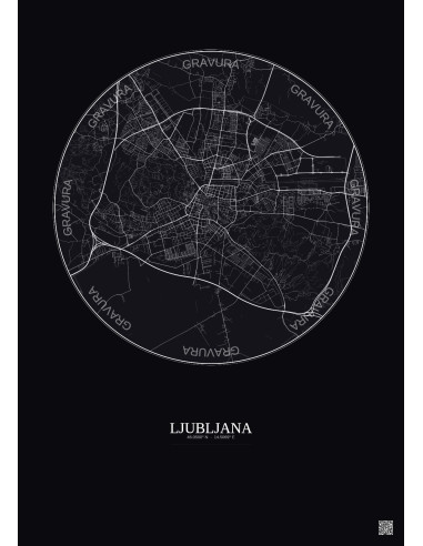 Affiche Ljubljana – Poster carte de ville 6km | Gravura – Fond foncé