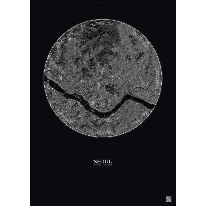Affiche Seoul – Poster vue satellite 10km N&B | Gravura – Fond foncé