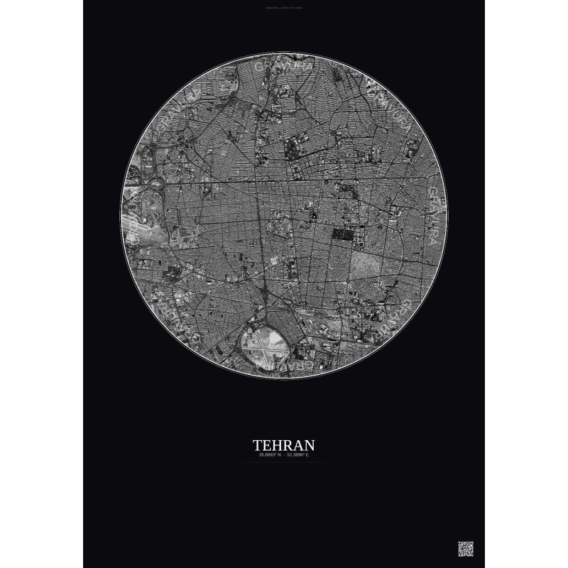 Affiche Tehran – Poster vue satellite 6km N&B | Gravura – Fond foncé