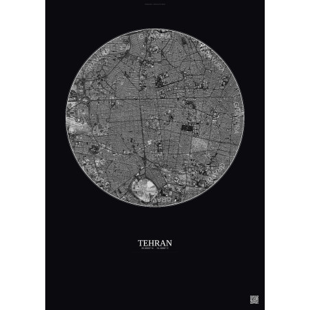 Affiche Tehran – Poster vue satellite 6km N&B | Gravura – Fond foncé