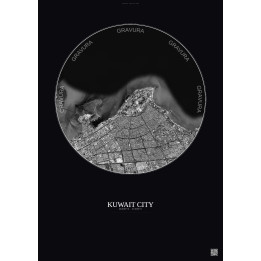 Affiche Kuwait City – Poster vue satellite 10km N&B | Gravura – Fond foncé