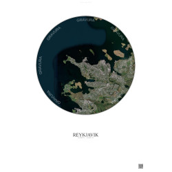Affiche Reykjavik – Poster vue satellite 10km Couleur | Gravura – Fond clair
