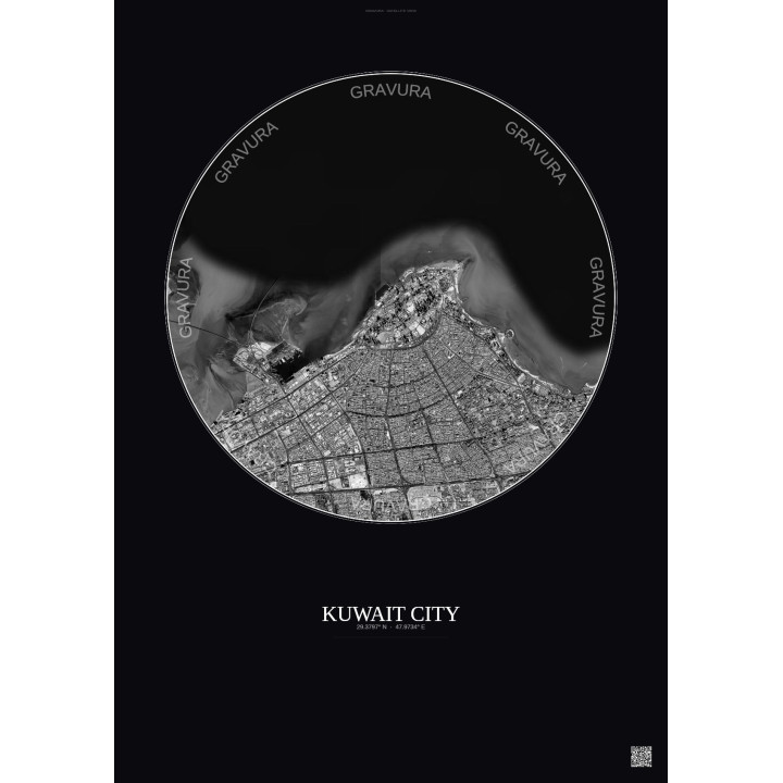 Affiche Kuwait City – Poster vue satellite 10km N&B | Gravura – Fond foncé