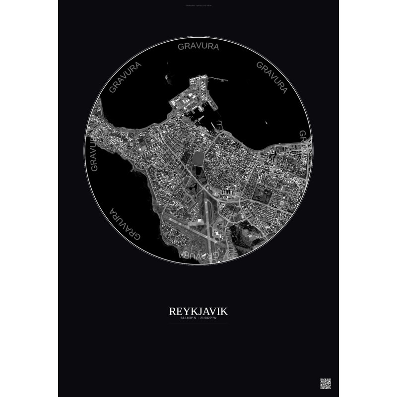 Affiche Reykjavik – Poster vue satellite 2.5km N&B | Gravura – Fond foncé
